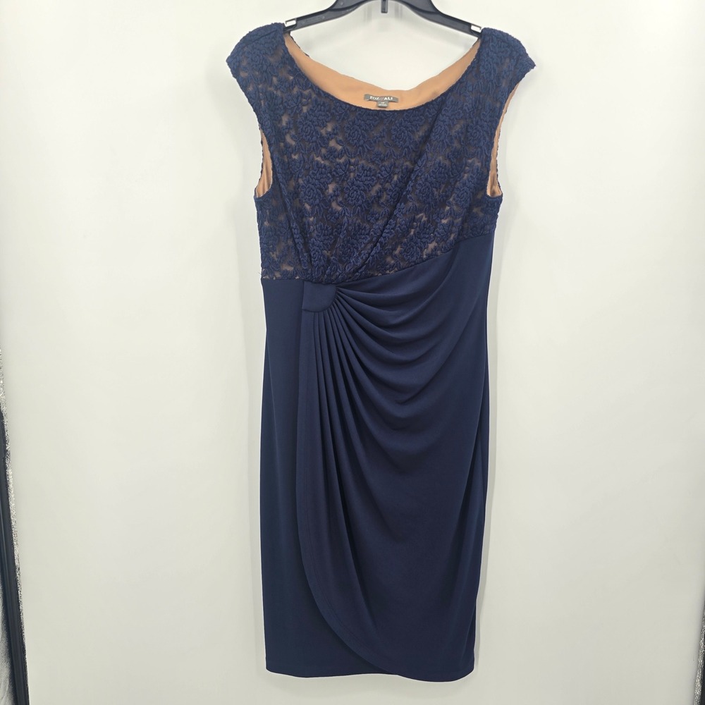 Vintage Y2K Roz & Ali Dress 12 Navy Blue Lace Bodice Draped Sheath Cocktail